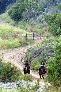 YGNACIO NANETTI, THE REGISTER BADGES AND SADDLES: Two Orange County deputy sheriffs patrol Irvine Regional Park on horseback Thursday morning.